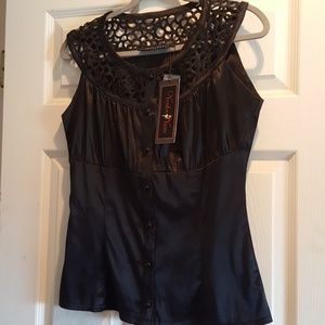 Voodoo Vixen black lattice satiny blouse NWT